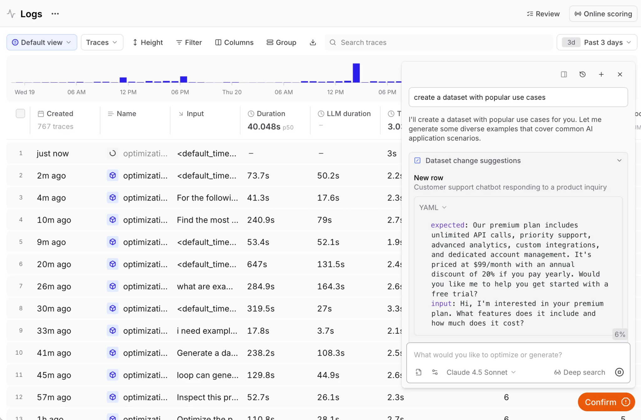Braintrust Logs view with Loop open, generating a suggested dataset row with input and expected fields from a natural-language request